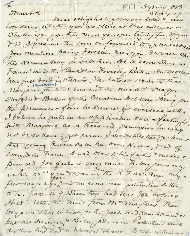 Letter from F.C. Kimber to Katharine McLennan